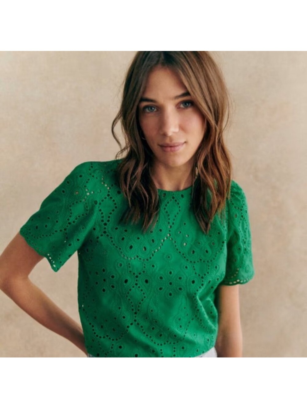 Sezane Green Eyelet Short Sleeve Blouse